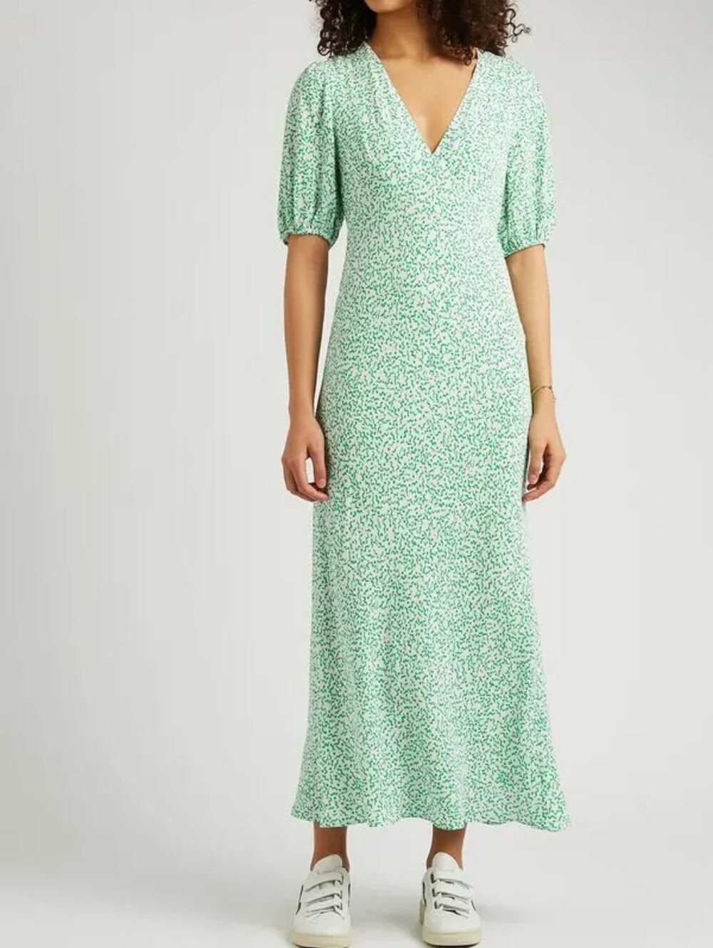 Rixo Staci Poppy Print Green White Floral Button Down Puff Sleeve Dress Size 2